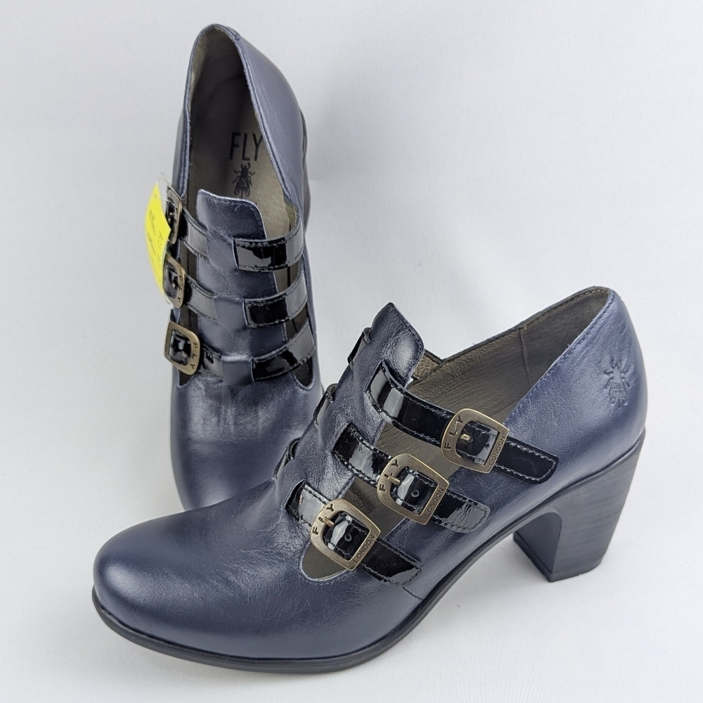 FLY London Kacy Ankle Boot Leather Buckle Straps Navy Black EU41 US 10-10.5 NWT - Picture 15 of 16